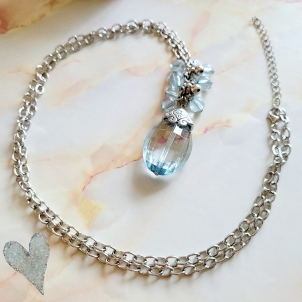 Sky Blue Crystal Long Silver Link Necklace